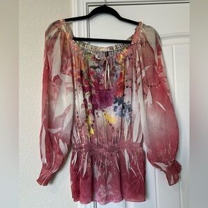 Long Sleeve Pink Floral Sheer Blouse